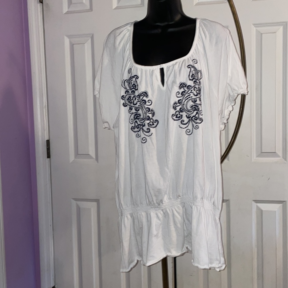 White/Blue Embroidered Peasant Top-  Size 4X
